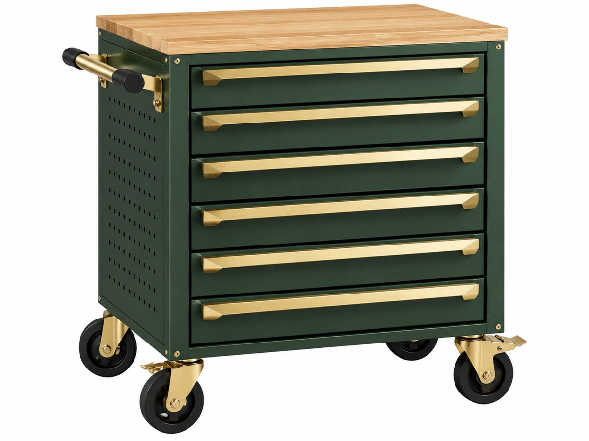 Gereedschapswagen 77 x 46 x 91 cm staal groen met houten werkblad en 6 laden