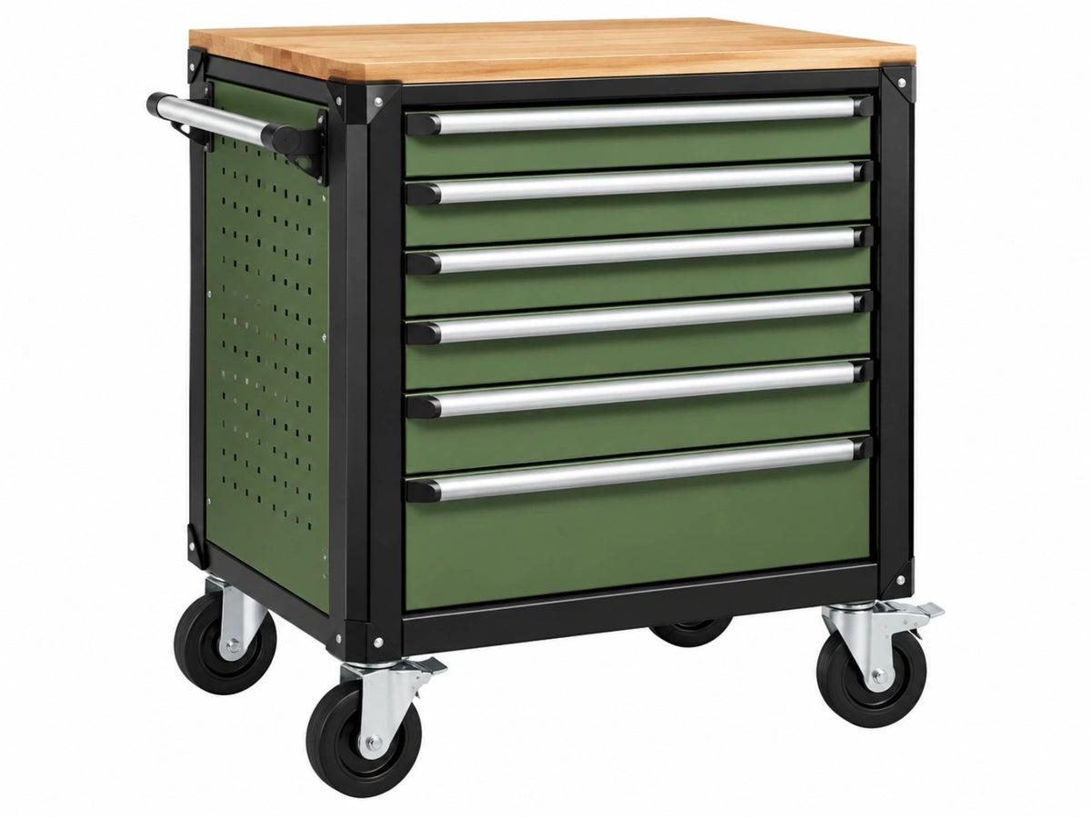 Gereedschapswagen 77 x 46 x 97 cm staal groen met houten werkblad en 6 laden