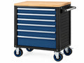 Gereedschapswagen 85 x 46 x 95 cm staal blauw zwart met houten werkblad en 7 laden