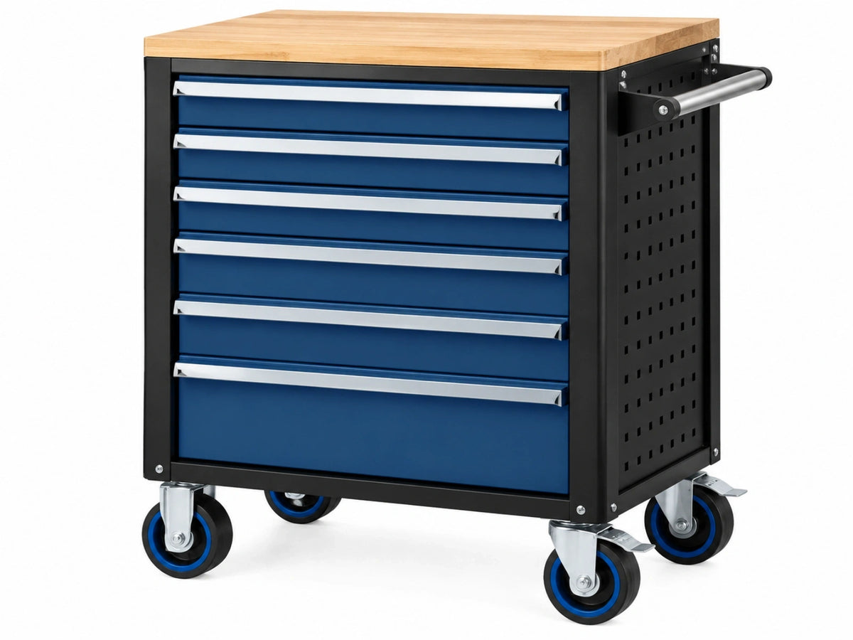 Gereedschapswagen 85 x 46 x 95 cm staal blauw zwart met houten werkblad en 7 laden