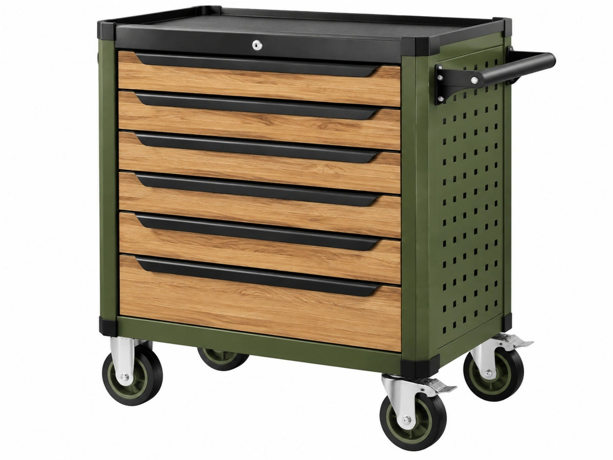 Gereedschapswagen 80 x 50 x 95 cm - staal en hout groen/zwart industriële opbergwagen met 7 laden
