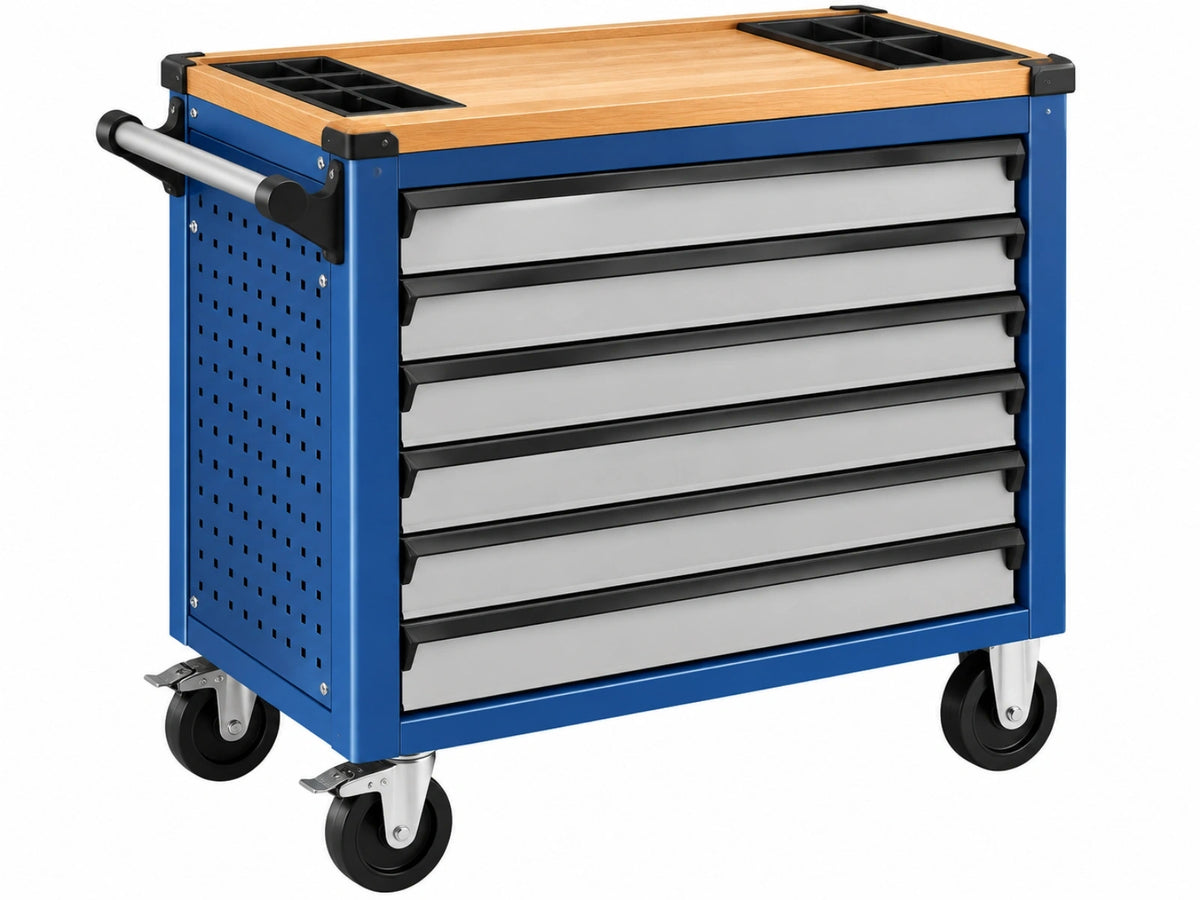 Gereedschapswagen 78 x 46 x 97 cm staal blauw met houten werkblad en 7 laden