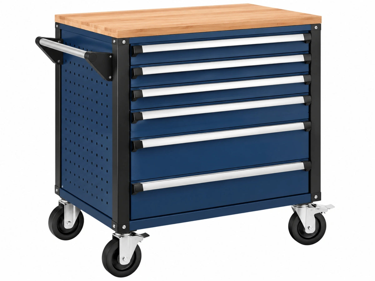 Gereedschapswagen 77 x 46 x 96 cm staal blauw met houten werkblad en 7 laden