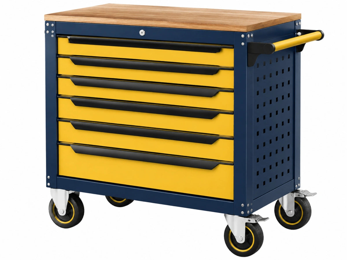 Gereedschapswagen 85 x 45 x 95 cm staal en hout geel blauw met 6 laden