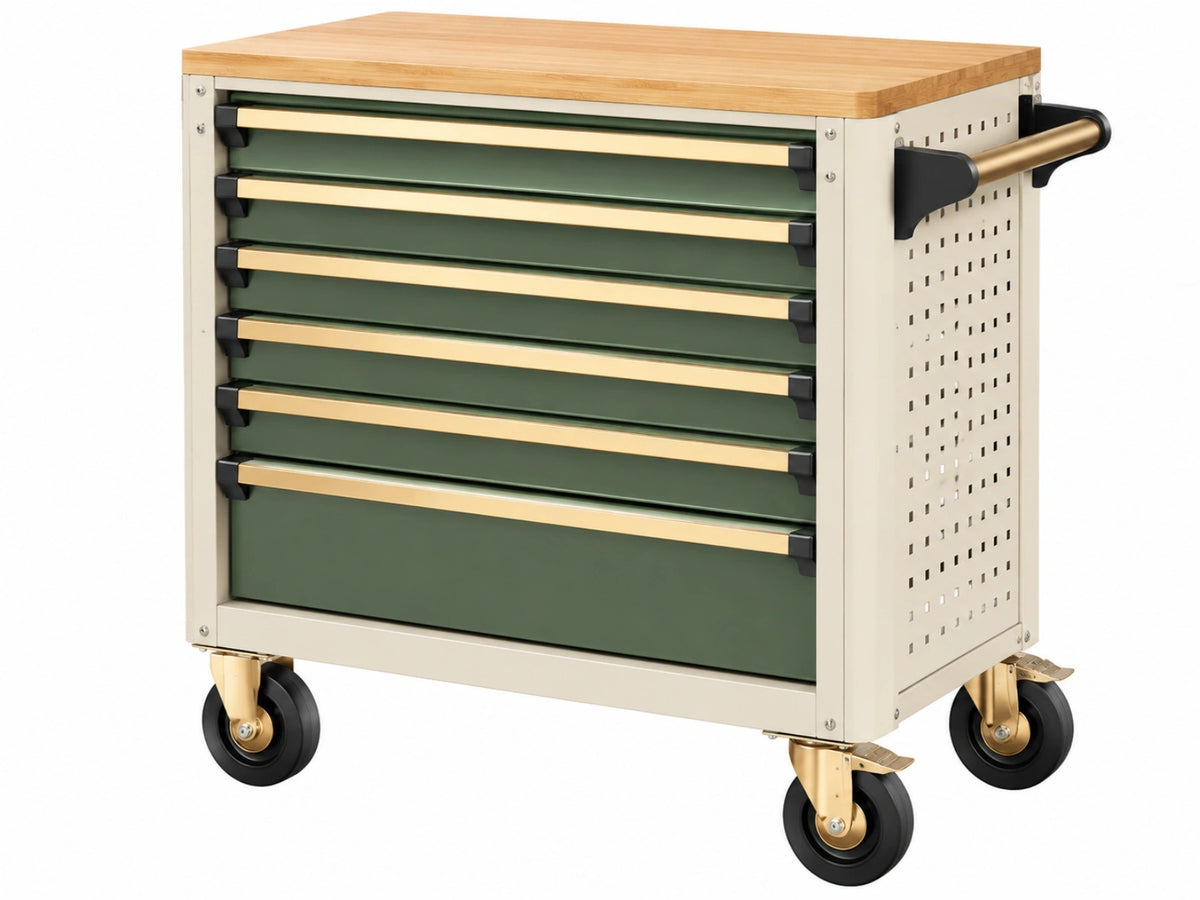 Gereedschapswagen 100 x 60 x 95 cm staal en hout groen crème met 7 laden