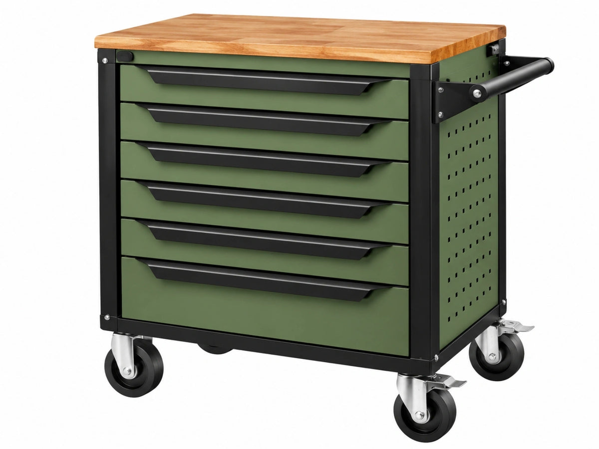 Gereedschapswagen 100 x 50 x 90 cm staal en hout groen zwart met 6 laden