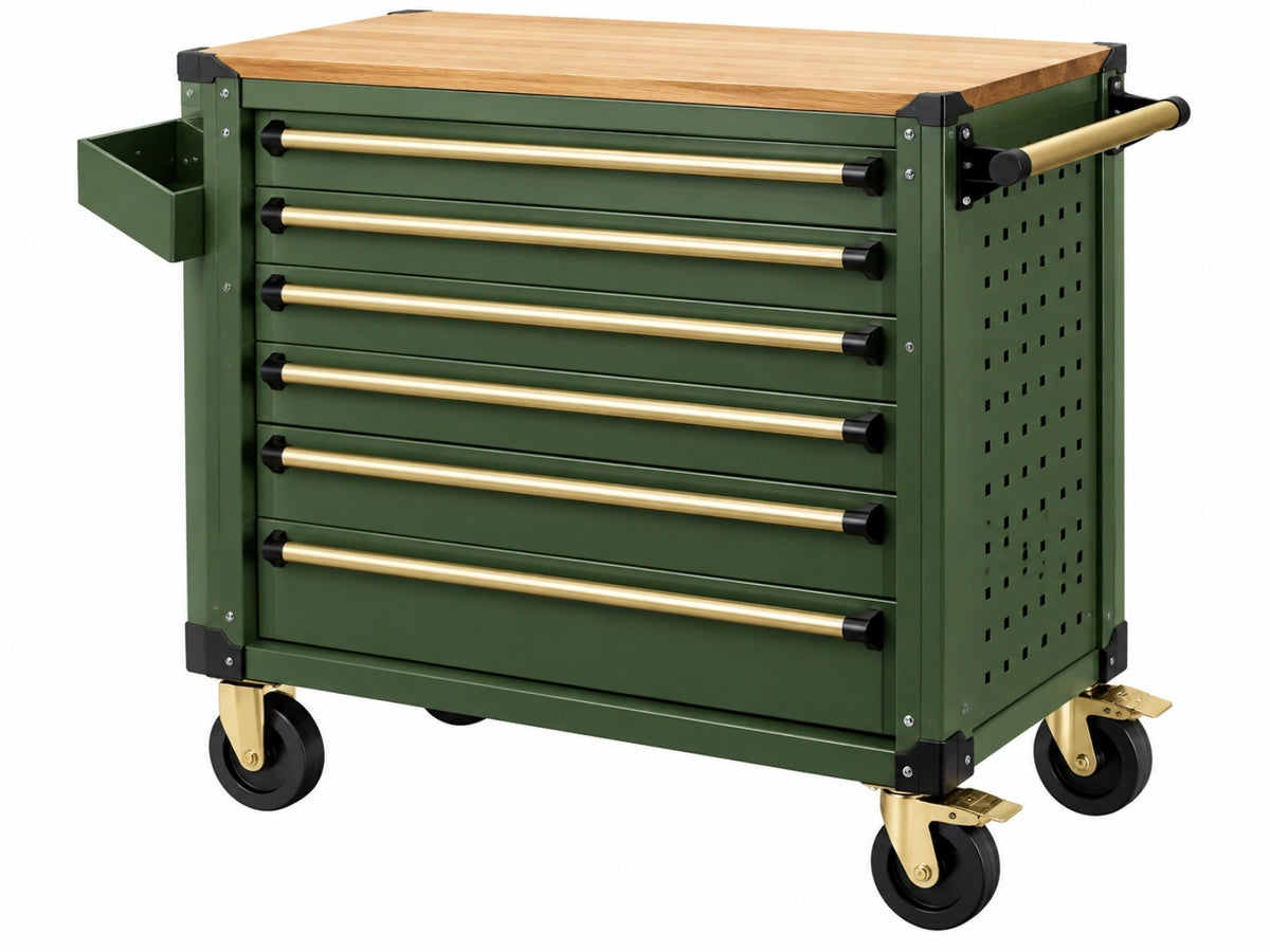 Gereedschapswagen 100 cm staal groen met houten werkblad en 6 laden