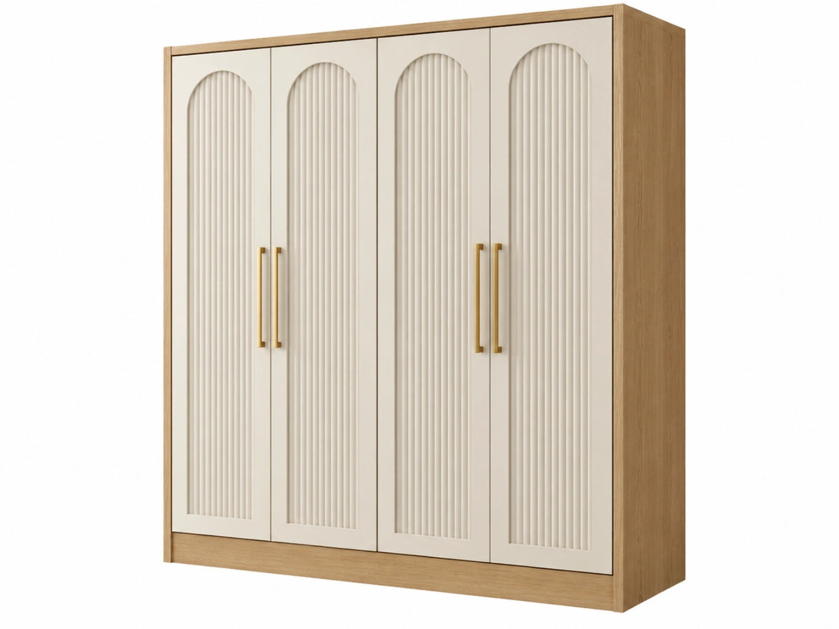 Kledingkast 200 x 60 x 200 cm houtkleurig crème - vierdeurs opbergkast met geribbelde deuren