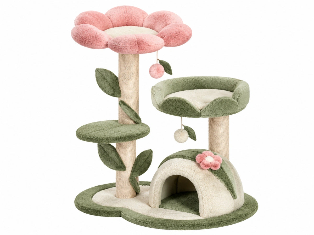Krabpaal 60 x 50 x 105 cm pluche sisal groen roze met kattenhuis en ligplaatsen