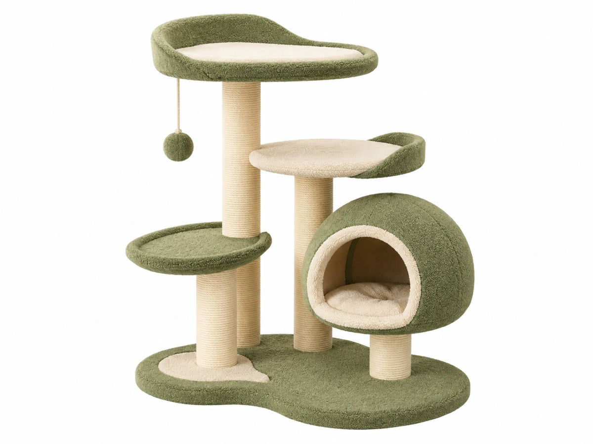 Krabpaal 60 x 50 x 120 cm pluche sisal groen crème met kattenhuis