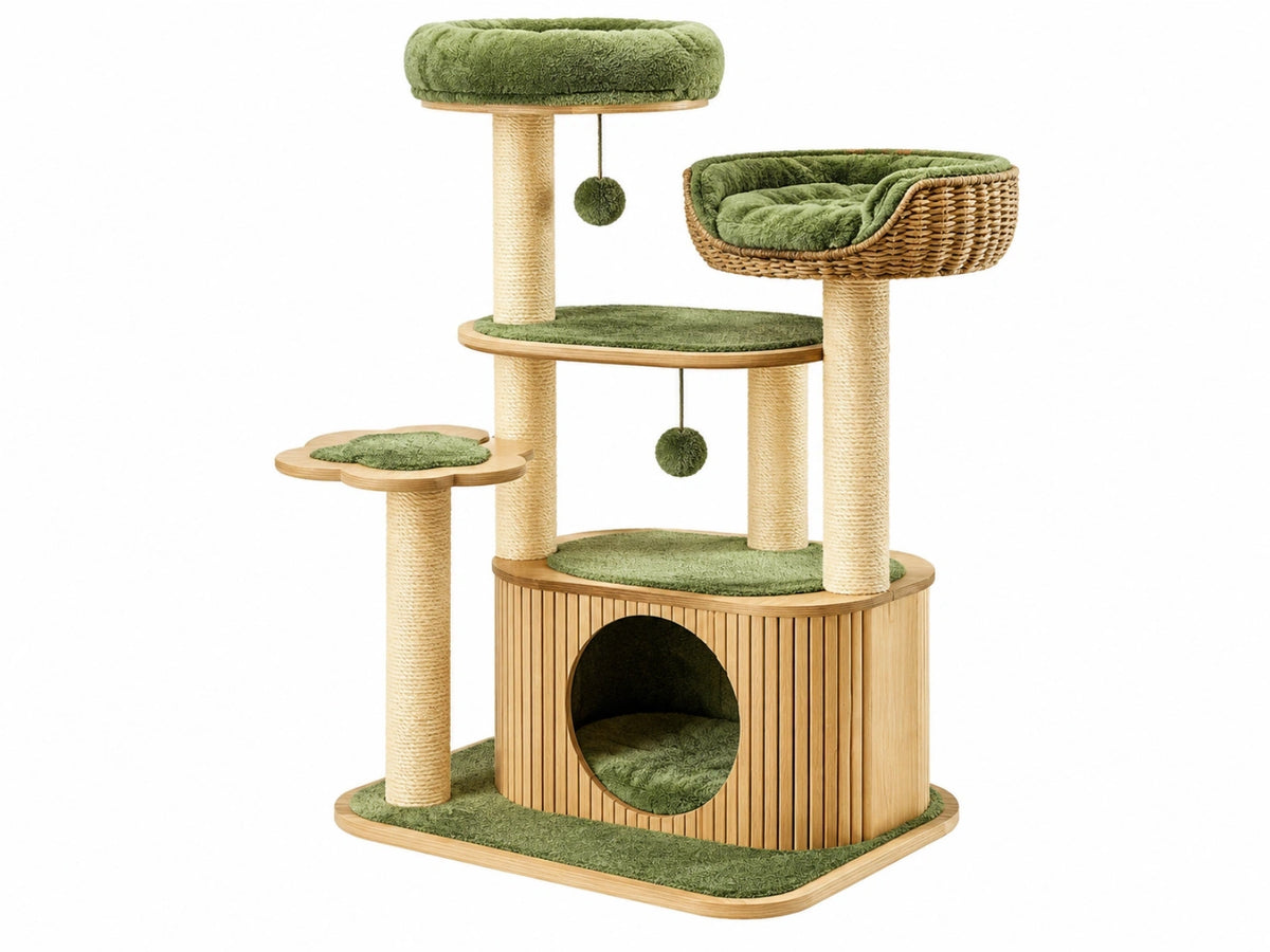 Kattenkrabpaal 80 x 60 x 150 cm hout sisal groen naturel - meerdere ligplaatsen en kattenhuis
