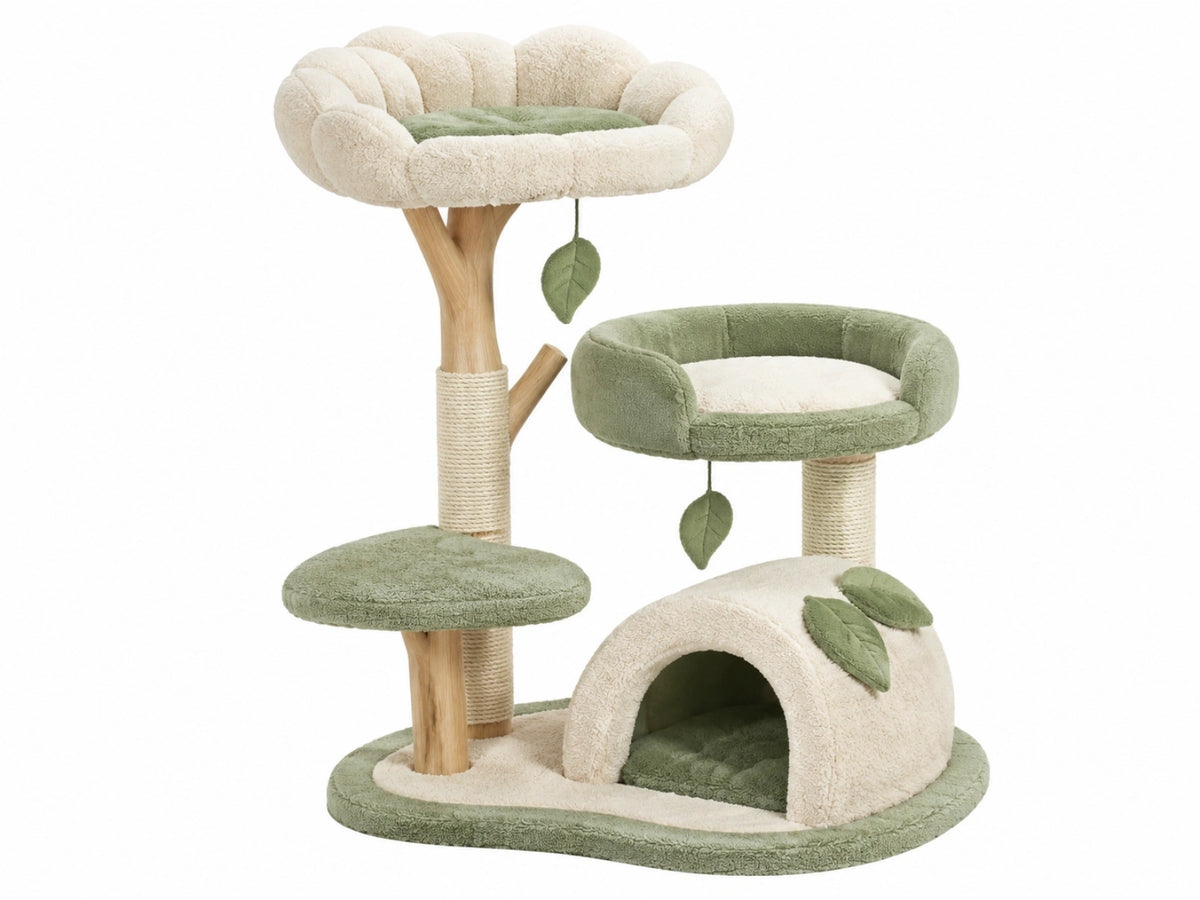 Krabpaal 60 x 50 x 145 cm groen en crème pluche sisal met ligplaatsen en kattenhuis