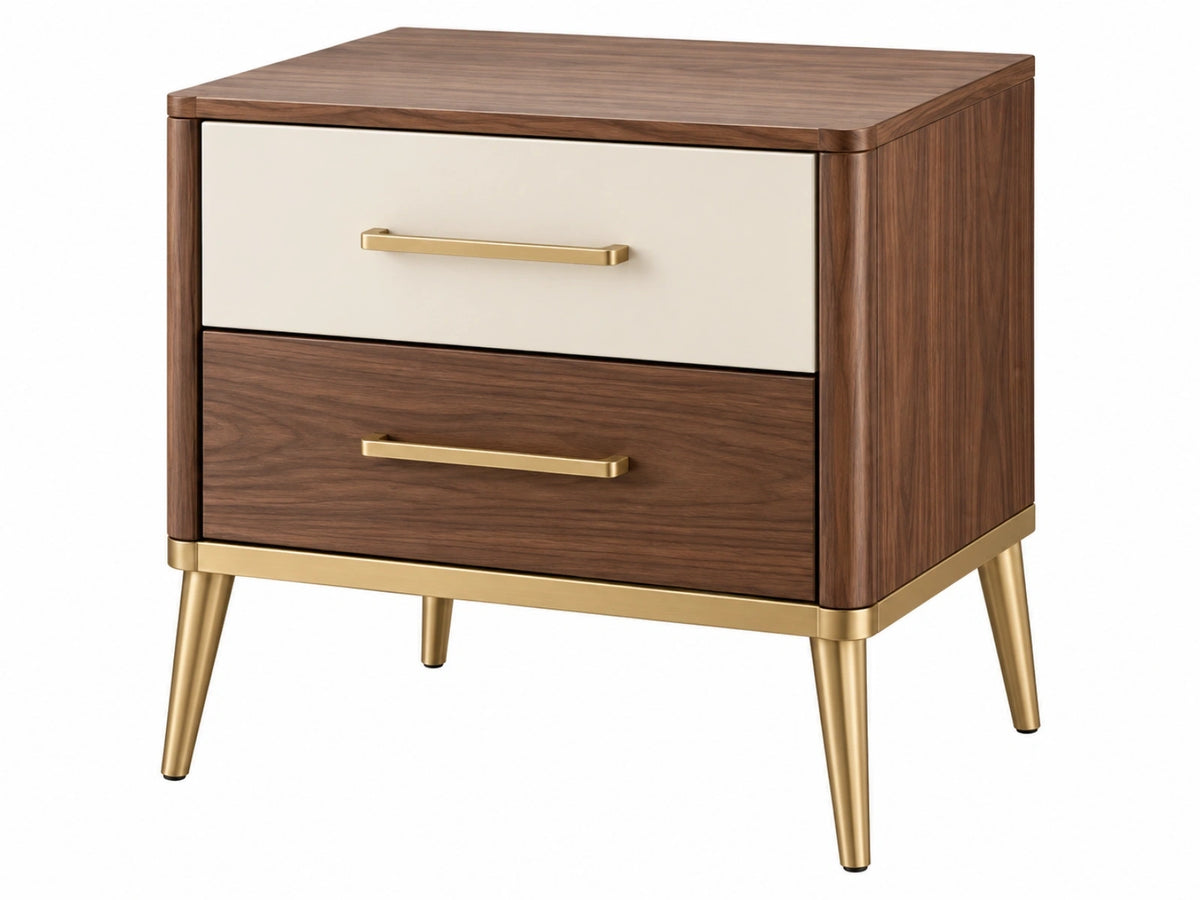 Nachtkastje 55 x 40 x 60 cm hout bruin crème met gouden metalen poten - 2 lades moderne stijl