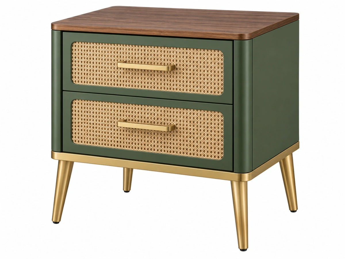 Nachtkastje 50 x 40 x 55 cm - groen hout met rotan - 2 laden retro