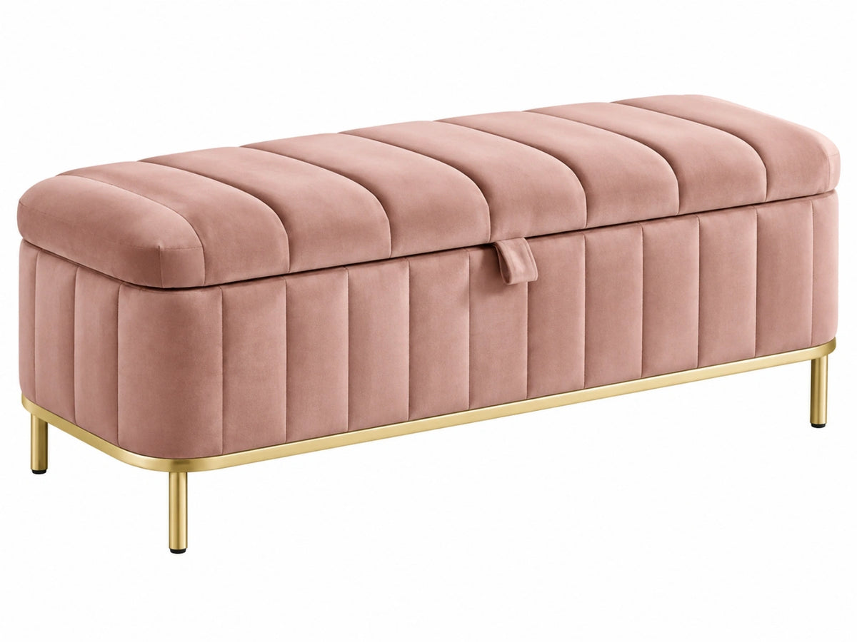 Opbergbank 110 x 40 x 45 cm roze fluwelen zitting met metalen poten