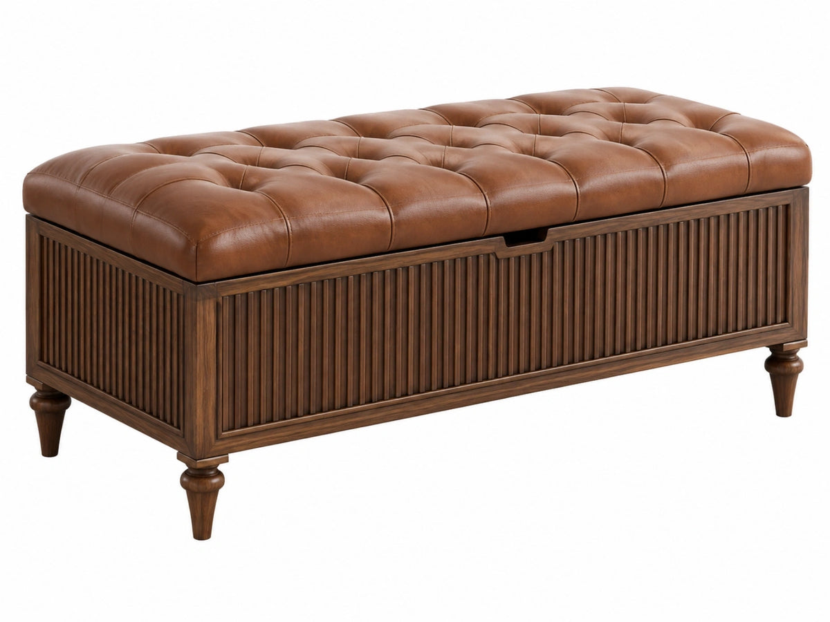 Opbergbank 120 x 45 x 48 cm - bruin hout en kunstleer - gecapitonneerde zitbank met opbergruimte