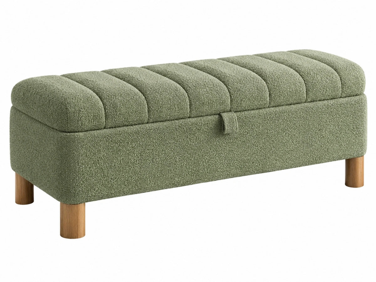 Opbergbank 120 x 45 x 46 cm - groene bouclé stof houten poten geribbelde zitting