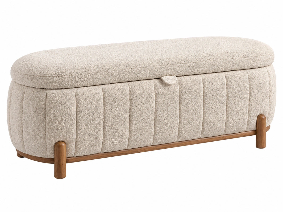 Opbergbank 110 x 45 x 45 cm bouclé beige met houten poten - gestoffeerde zitbank