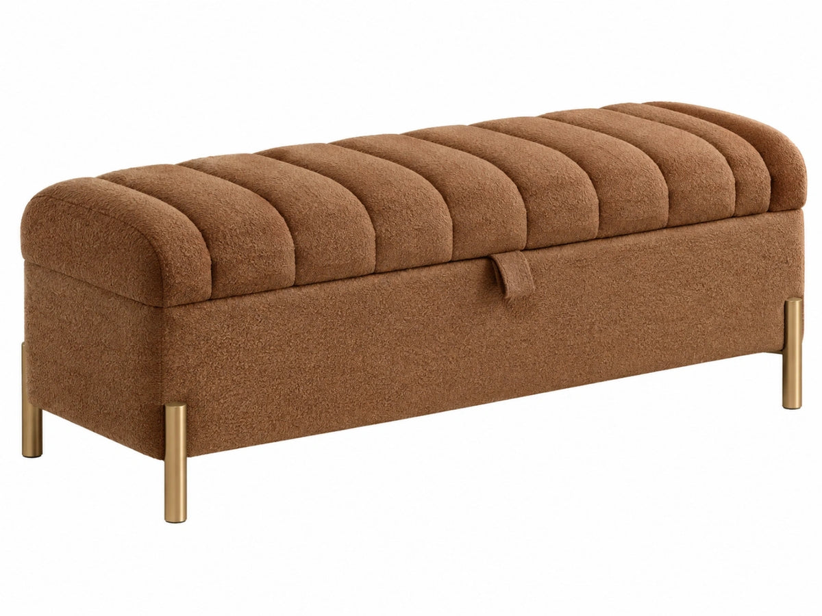 Opbergbank 120 x 45 x 48 cm bruine teddystof met metalen poten - gestoffeerde zitbank met opbergruimte