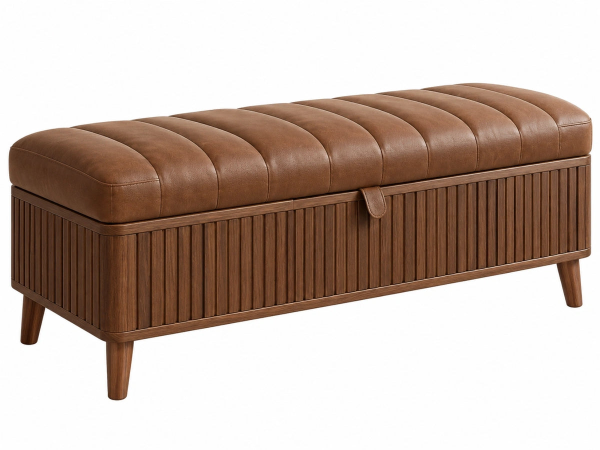 Opbergbank 120 x 45 x 48 cm bruin kunstleer en hout - geribbelde zitting met opbergruimte