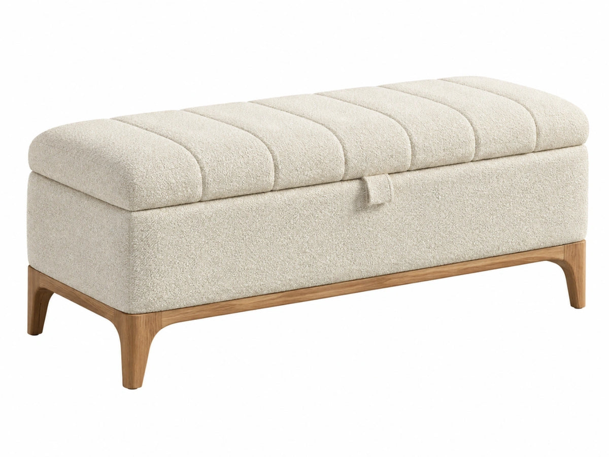 Opbergbank 110 x 45 x 48 cm bouclé stof crème met houten poten