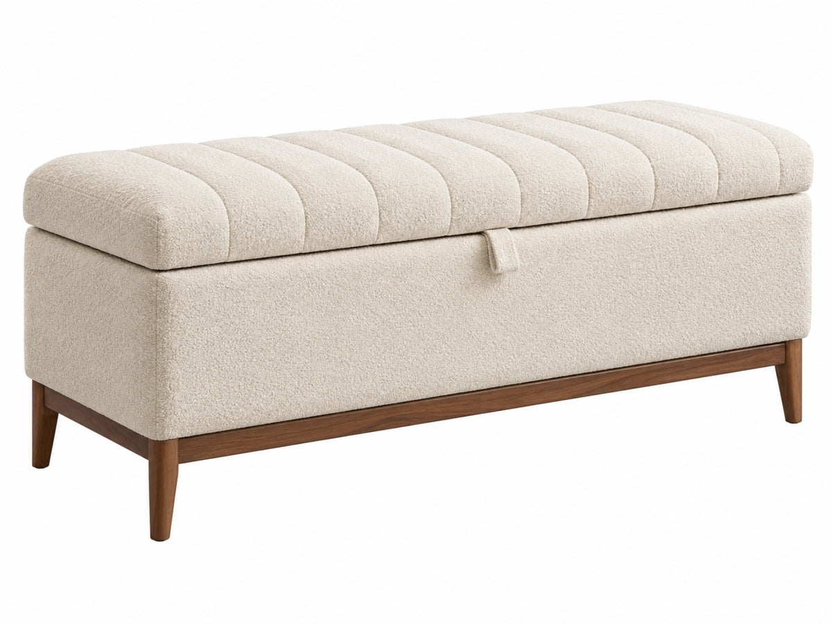 Opbergbank 120 x 45 x 50 cm crème bouclé stof en hout - gestoffeerde zitbank met opbergruimte