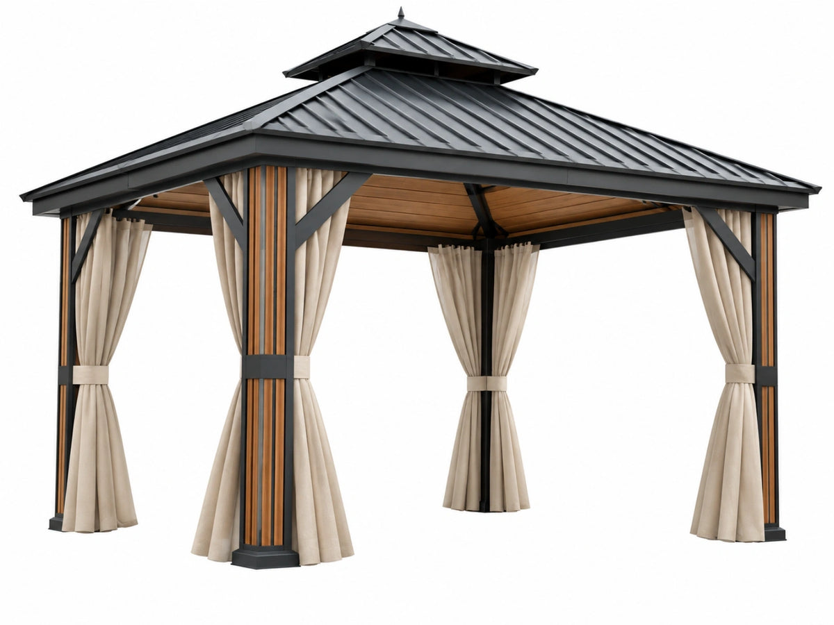 Tuinpaviljoen 300 x 300 x 300 cm metaal zwart/bruin met gordijnen - overdekte buitenruimte