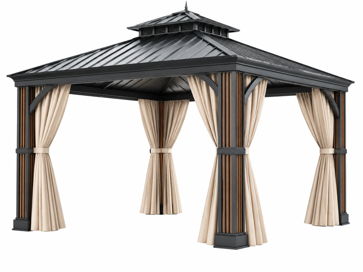 Paviljoen 300 x 300 x 300 cm zwart/beige metalen tuinpaviljoen met gordijnen