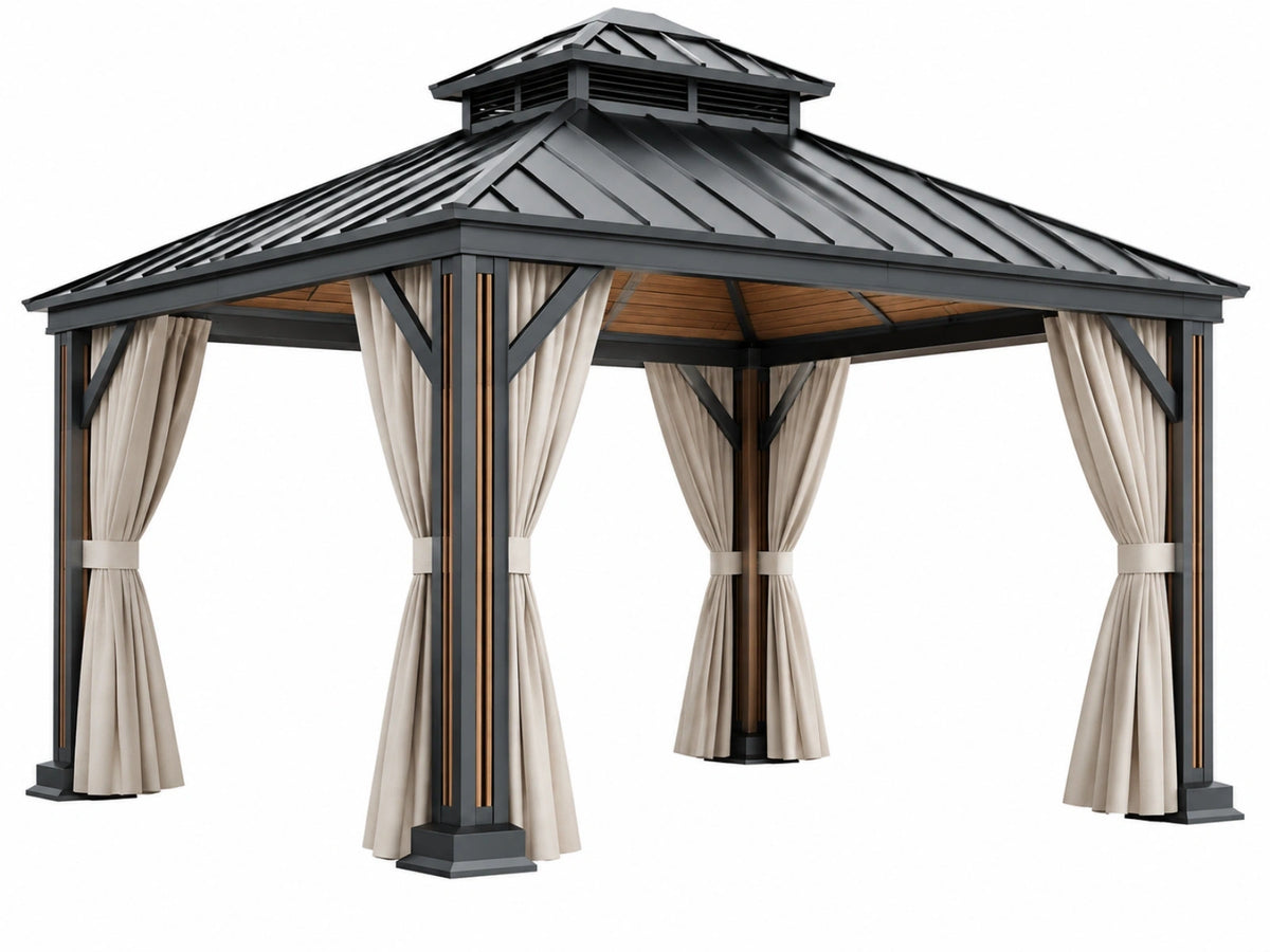 Paviljoen 300 x 300 cm zwart staal met beige gordijnen - overdekte buitenruimte