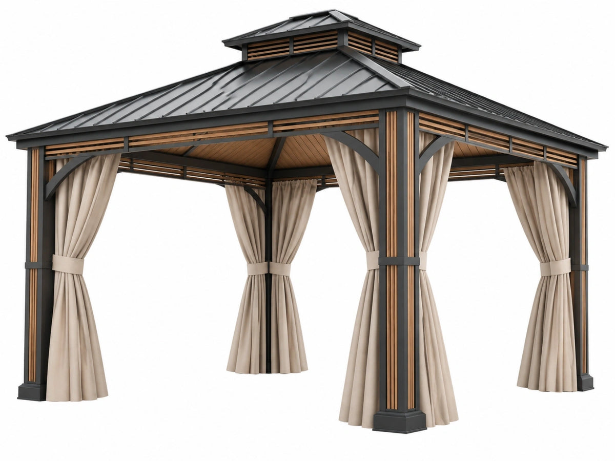 Paviljoen 300 x 300 x 300 cm zwart/bruin/beige metalen frame met gordijnen - tuinoverkapping