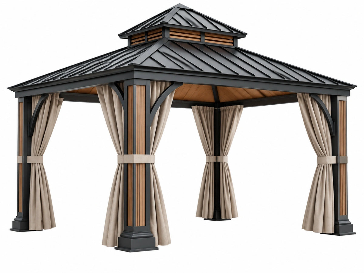 Paviljoen 300 x 300 cm zwart/bruin met metalen dak en gordijnen