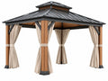 Tuinpaviljoen 300 x 300 x 320 cm houtkleurig/zwart met metalen dak en beige gordijnen