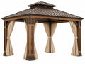 Paviljoen 300 x 300 x 300 cm met metalen dak houtlook frame en beige gordijnen