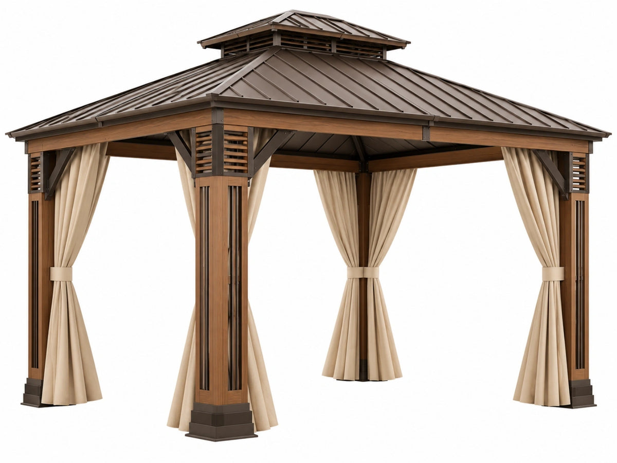 Paviljoen 300 x 300 x 300 cm met metalen dak houtlook frame en beige gordijnen