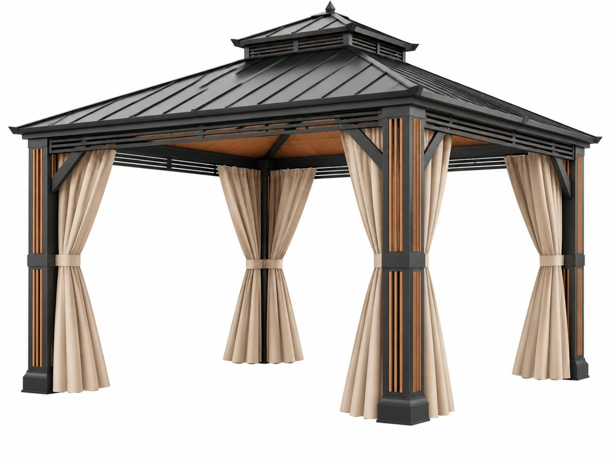 Tuinpaviljoen 300 x 300 x 300 cm metalen frame zwart/beige met gordijnen