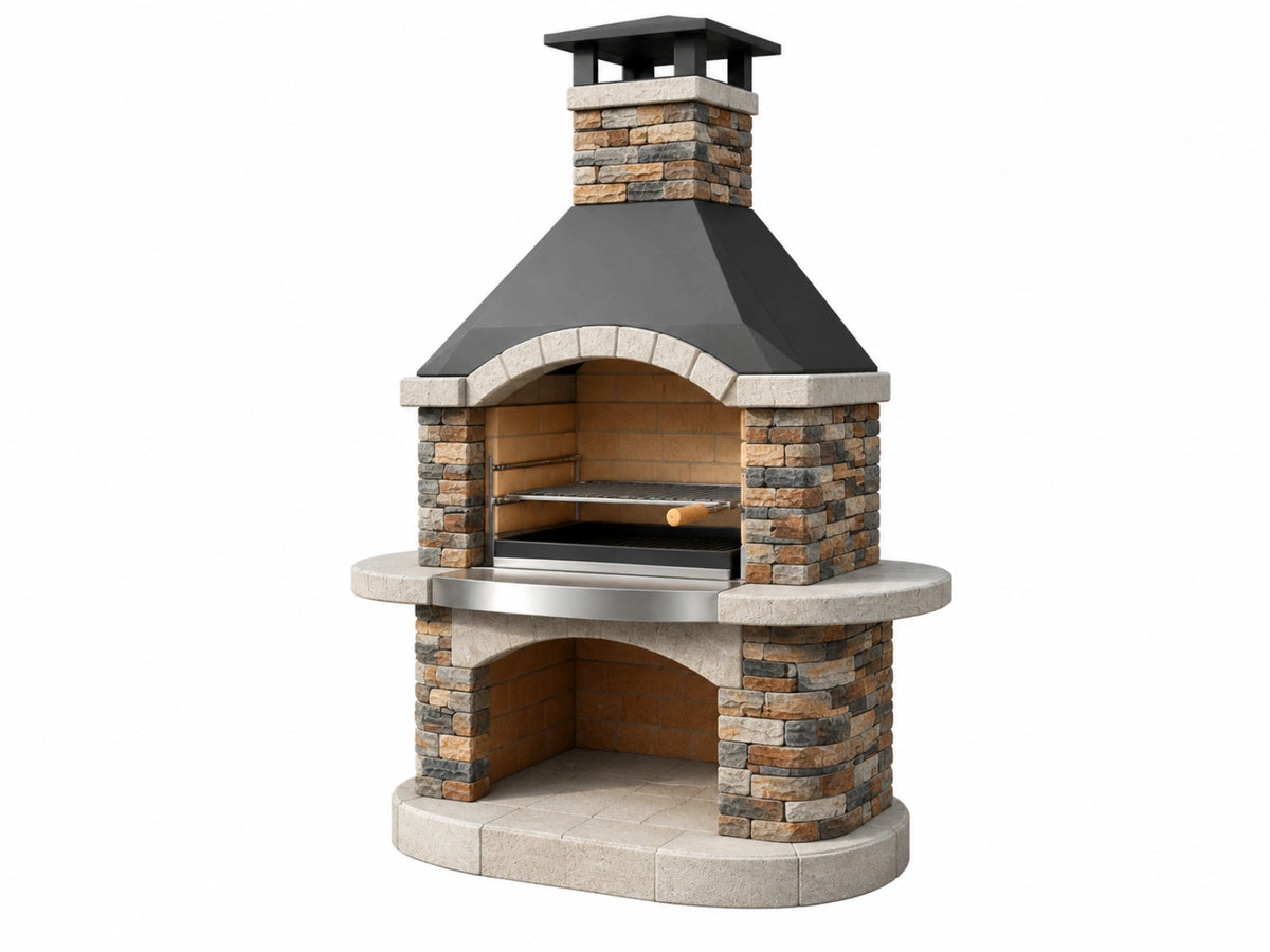Tuinbarbecue 140 x 85 x 250 cm - natuursteen en zwart metaal - rustieke grill met schoorsteen