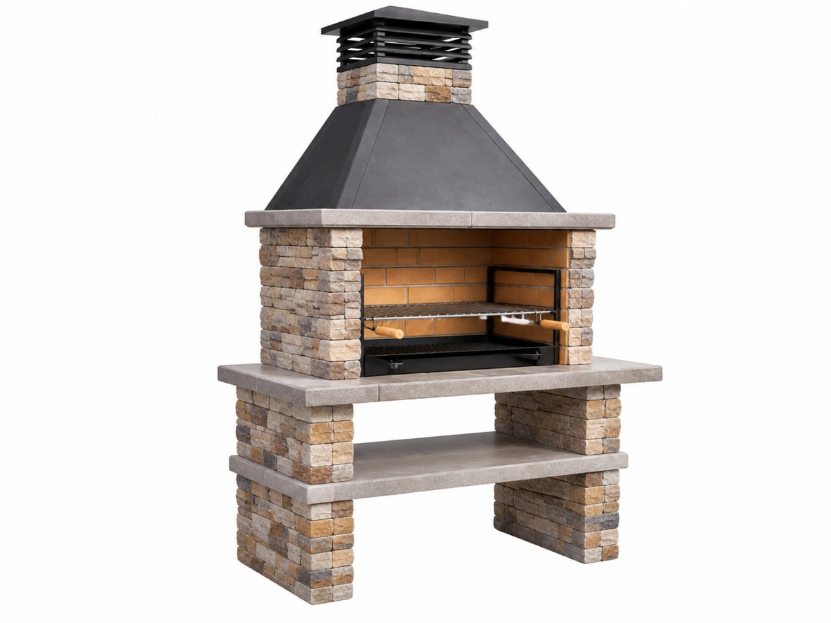 Buitenhaard barbecue 140 x 70 x 230 cm - steen en staal zwart - met grillroosters en opbergruimte